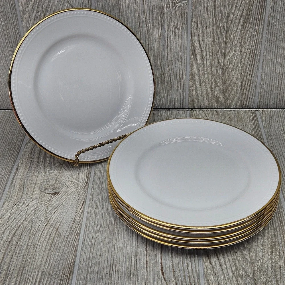 Pier 1 Gold Line Salad Plates Set of 6 White Ceramic Beaded Rim Gold Edge 7.75in